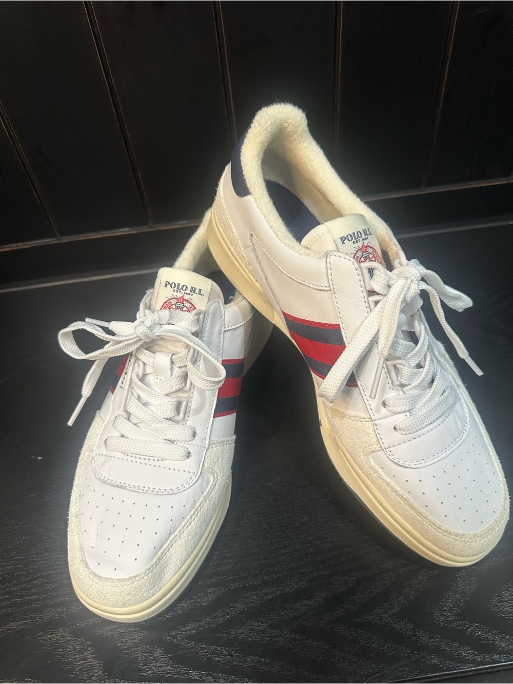 Polo by Ralph Lauren White Leather Sneakers with Red and Navy Stripes